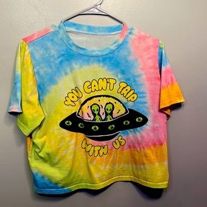 Rainbow tie-dye “You can’t trip with us” cropped t-shirt